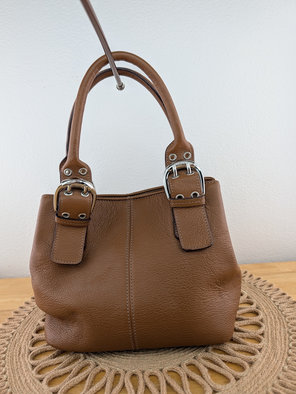Tignanello Brown Leather Satchel Handbag Bag Silver Hardware Buckle Detail